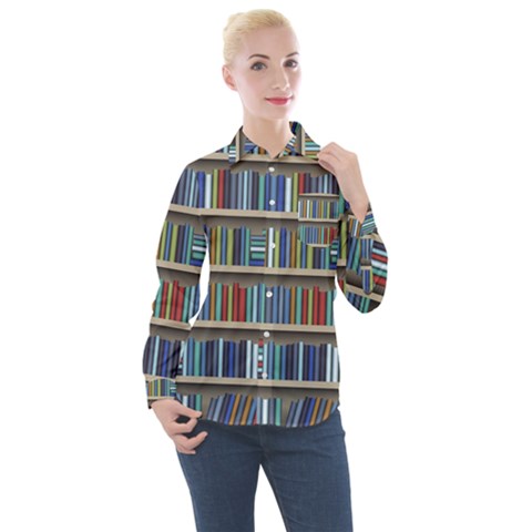 Bookshelf Women s Long Sleeve Pocket Shirt by BangZart