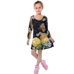 Embroidery Blossoming Lemons Butterfly Seamless Pattern Kids  Long Sleeve Velvet Dress by BangZart