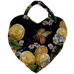 Embroidery Blossoming Lemons Butterfly Seamless Pattern Giant Heart Shaped Tote by BangZart