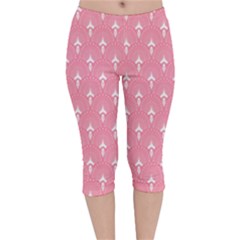 White And Pink Art-deco Pattern Velvet Capri Leggings  by Dushan