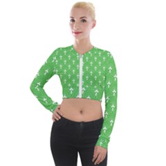 Green And White Art-deco Pattern Long Sleeve Cropped Velvet Jacket by Dushan
