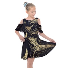 Black And Gold Marble Kids  Shoulder Cutout Chiffon Dress by Dushan