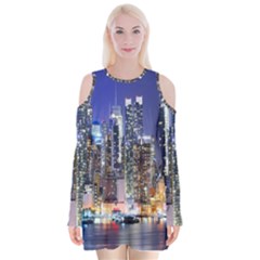 New-york Cityscape  Velvet Long Sleeve Shoulder Cutout Dress