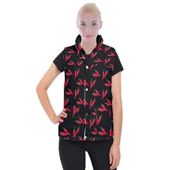 Red, Hot Jalapeno Peppers, Chilli Pepper Pattern At Black, Spicy Women s Button Up Vest by Casemiro