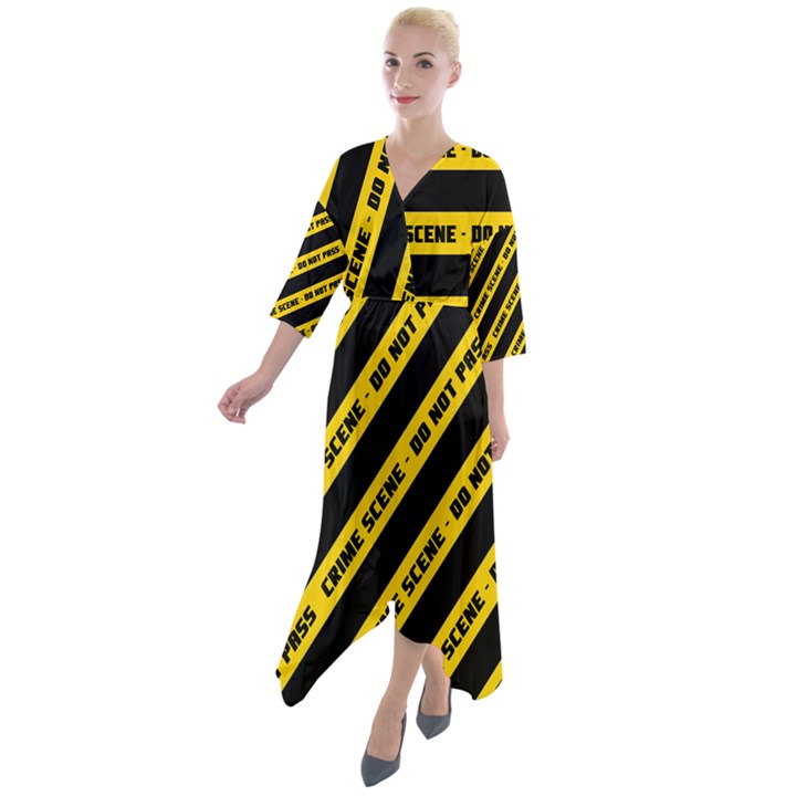 Warning Colors Yellow And Black - Police No Entrance 2 Quarter Sleeve Wrap Front Maxi Dress