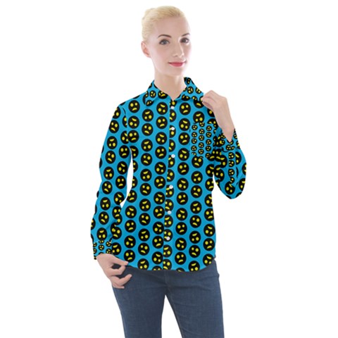 0059 Comic Head Bothered Smiley Pattern Women s Long Sleeve Pocket Shirt by DinzDas