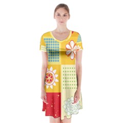 Abstract Flowers And Circle Short Sleeve V-neck Flare Dress by DinzDas