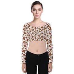 Animal Skin - Brown Cows Are Funny And Brown And White Velvet Long Sleeve Crop Top by DinzDas