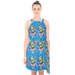 Monster And Cute Monsters Fight With Snake And Cyclops Halter Collar Waist Tie Chiffon Dress by DinzDas