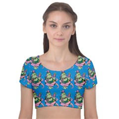 Monster And Cute Monsters Fight With Snake And Cyclops Velvet Short Sleeve Crop Top  by DinzDas