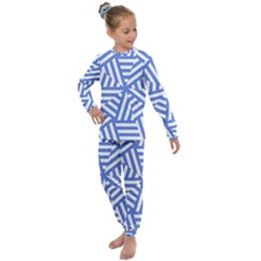 Geometric Blue And White Lines, Stripes Pattern Kids  Long Sleeve Set  by Casemiro