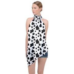 Black And White Cow Spots Pattern, Animal Fur Print, Vector Halter Asymmetric Satin Top by Casemiro
