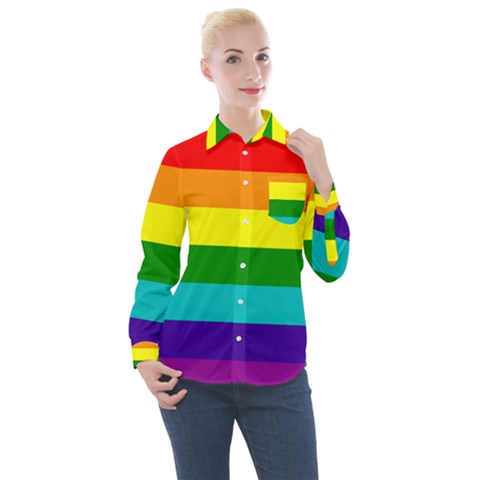 Original 8 Stripes Lgbt Pride Rainbow Flag Women s Long Sleeve Pocket Shirt by yoursparklingshop