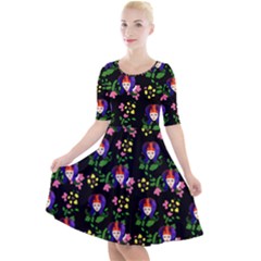 60s Girl Floral Daisy Black Quarter Sleeve A-line Dress by snowwhitegirl