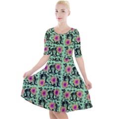 60s Girl Floral Green Quarter Sleeve A-line Dress by snowwhitegirl
