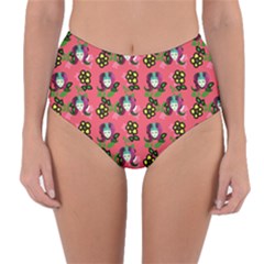 60s Girl Dark Pink Floral Daisy Reversible High-waist Bikini Bottoms by snowwhitegirl