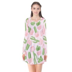Cactus Pattern Long Sleeve V-neck Flare Dress by designsbymallika