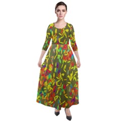 Colorful Brush Strokes Painting On A Green Background                                                      Quarter Sleeve Maxi Velour Dress