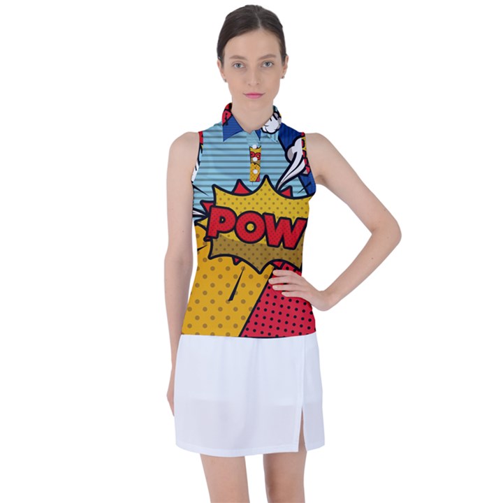 Pow Word Pop Art Style Expression Vector Women s Sleeveless Polo Tee