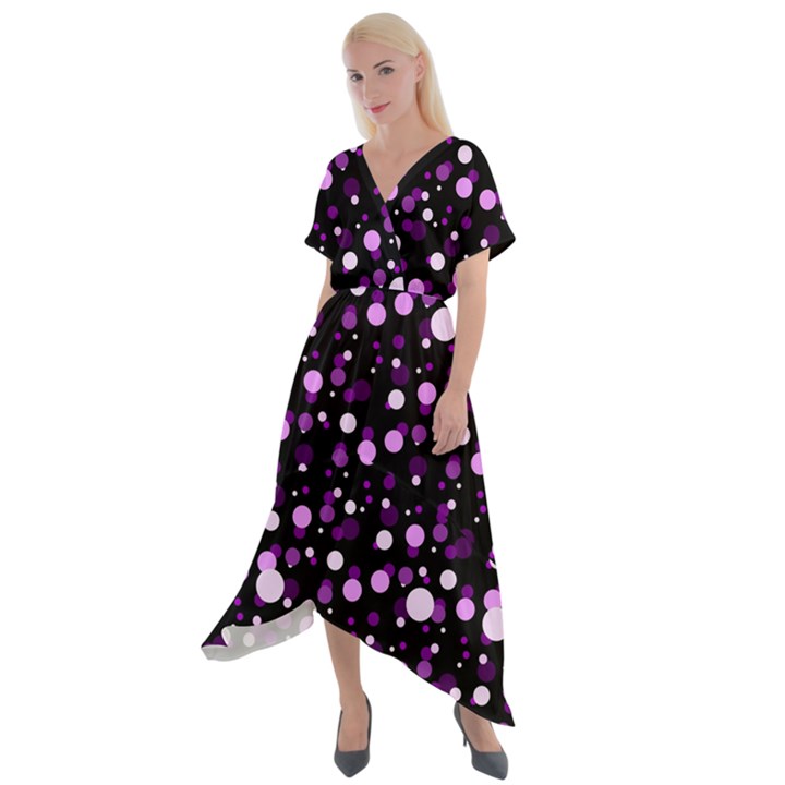 Purple, pink bokeh dots, asymmetric polka dot with modern twist Cross Front Sharkbite Hem Maxi Dress