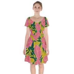 Pink Flower Seamless Pattern Short Sleeve Bardot Dress by Amaryn4rt