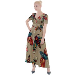 Tattoos Colorful Seamless Pattern Button Up Short Sleeve Maxi Dress by Amaryn4rt