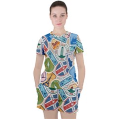Travel Pattern Immigration Stamps Stickers With Historical Cultural Objects Travelling Visa Immigrant Women s Tee And Shorts Set