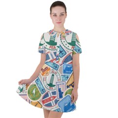 Travel Pattern Immigration Stamps Stickers With Historical Cultural Objects Travelling Visa Immigrant Short Sleeve Shoulder Cut Out Dress  by Amaryn4rt