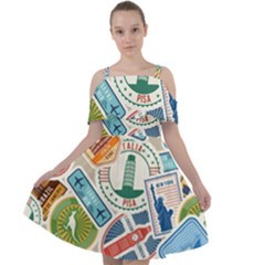 Travel Pattern Immigration Stamps Stickers With Historical Cultural Objects Travelling Visa Immigrant Cut Out Shoulders Chiffon Dress by Amaryn4rt