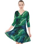 Tropical Green Leaves Background Quarter Sleeve Front Wrap Dress