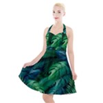 Tropical Green Leaves Background Halter Party Swing Dress 