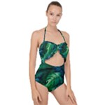 Tropical Green Leaves Background Scallop Top Cut Out Swimsuit