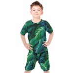 Tropical Green Leaves Background Kids  Tee and Shorts Set