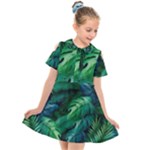 Tropical Green Leaves Background Kids  Short Sleeve Shirt Dress