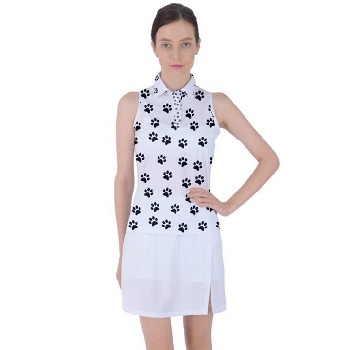 Dog paws pattern, black and white vector illustration, animal love theme Women s Sleeveless Polo Tee