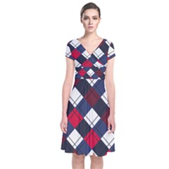 Checks Pattern Blue Red Short Sleeve Front Wrap Dress by designsbymallika