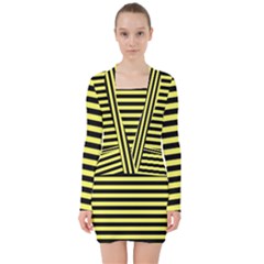 Wasp Stripes Pattern, Yellow And Black Lines, Bug Themed V-neck Bodycon Long Sleeve Dress by Casemiro