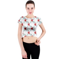 Poppies Pattern, Poppy Flower Symetric Theme, Floral Design Crew Neck Crop Top by Casemiro