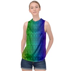 Rainbow Colored Scales Pattern, Full Color Palette, Fish Like High Neck Satin Top by Casemiro