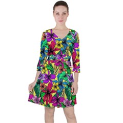 Hibiscus Flowers Pattern, Floral Theme, Rainbow Colors, Colorful Palette Ruffle Dress by Casemiro