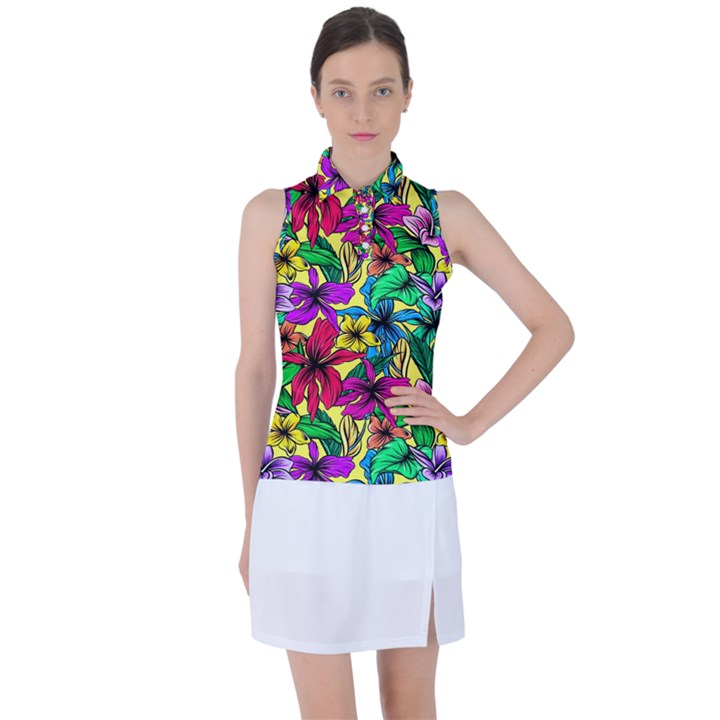 Hibiscus flowers pattern, floral theme, rainbow colors, colorful palette Women s Sleeveless Polo Tee