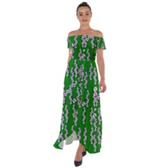 Cherry-blossoms Branch Decorative On A Field Of Fern Off Shoulder Open Front Chiffon Dress by pepitasart