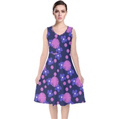 Pink And Blue Flowers V-neck Midi Sleeveless Dress  by bloomingvinedesign