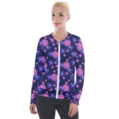 Pink And Blue Flowers Velour Zip Up Jacket by bloomingvinedesign