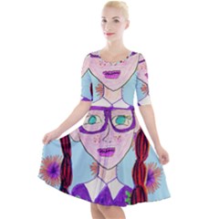 Purple Glasses Girl Wall Quarter Sleeve A-line Dress by snowwhitegirl