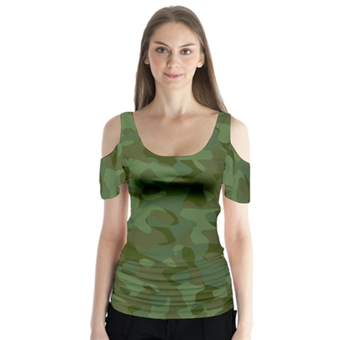 Green Army Camouflage Pattern Butterfly Sleeve Cutout Tee  by SpinnyChairDesigns