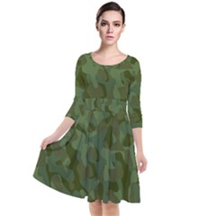 Green Army Camouflage Pattern Quarter Sleeve Waist Band Dress by SpinnyChairDesigns