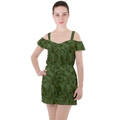 Green Army Camouflage Pattern Ruffle Cut Out Chiffon Playsuit by SpinnyChairDesigns