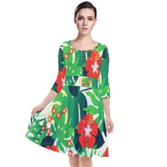 Tropical Leaf Flower Digital Quarter Sleeve Waist Band Dress