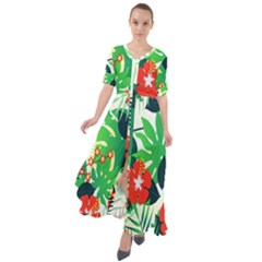 Tropical Leaf Flower Digital Waist Tie Boho Maxi Dress